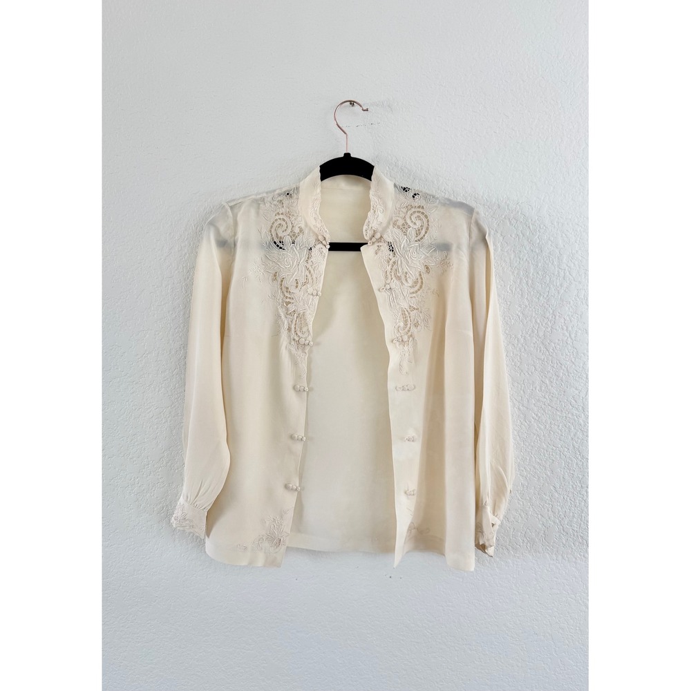 Vintage Embroidered Silk Open Jacket Women S Cream Floral Cutwork Blouse Ivory